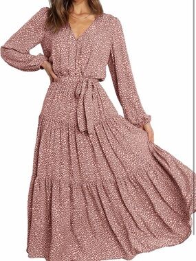 Tiered V-Neck Long Sleeve Maxi Dress in Dusty Rose